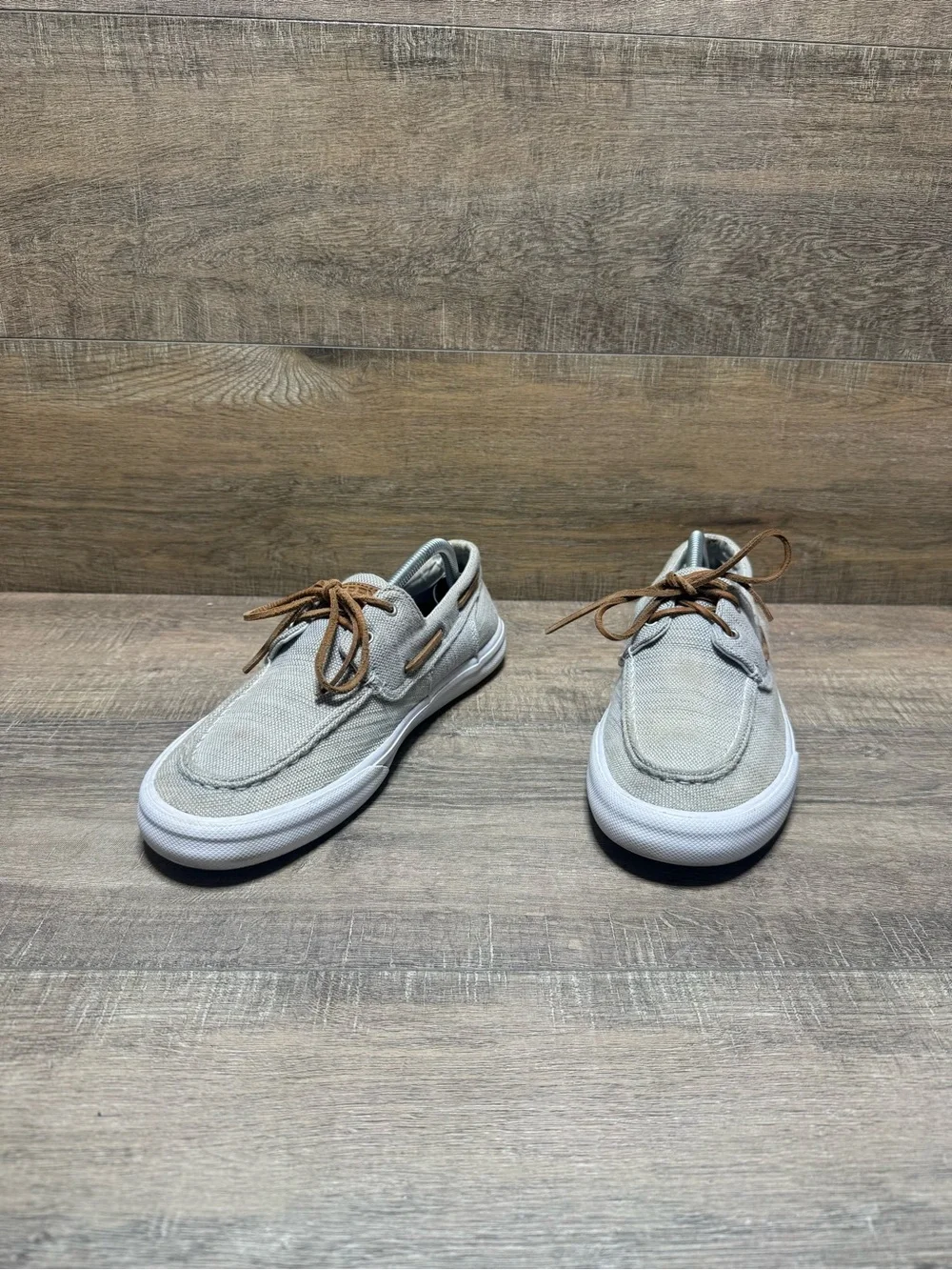 Sperry Men's Light Gray Canvas Boat Shoes with Brown Laces